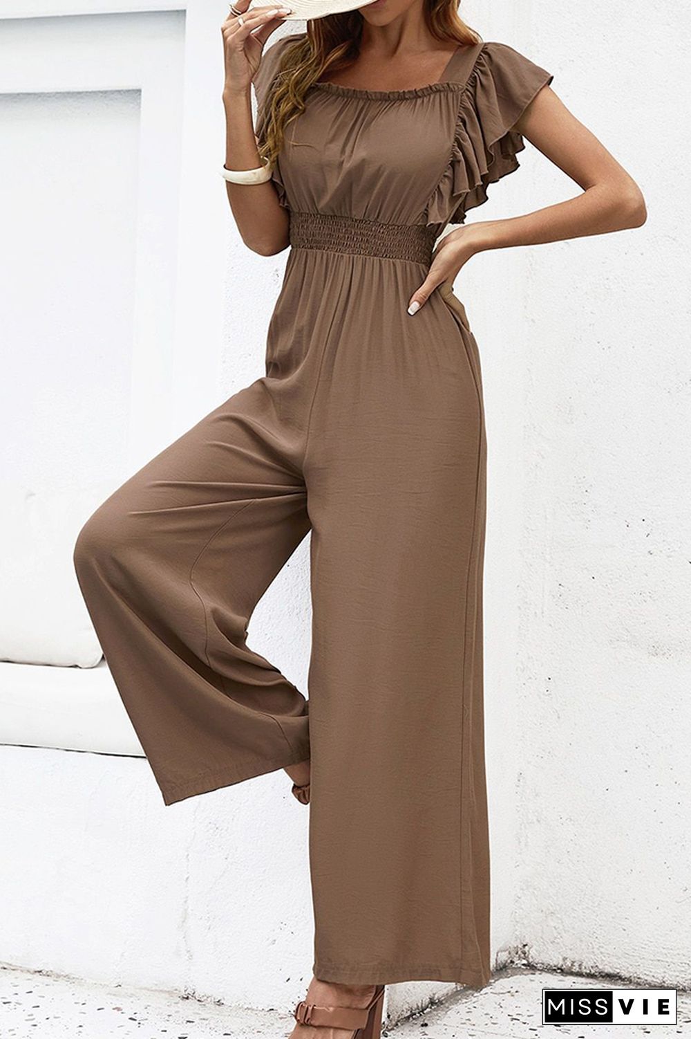 Solid Color Ruffle Long Wide Leg Jumpsuit Wholesale