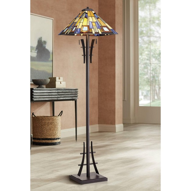 Tall Bronze Iron  Style Jewel Tone Art Glass Shade For Living Room Reading Bedroom Office