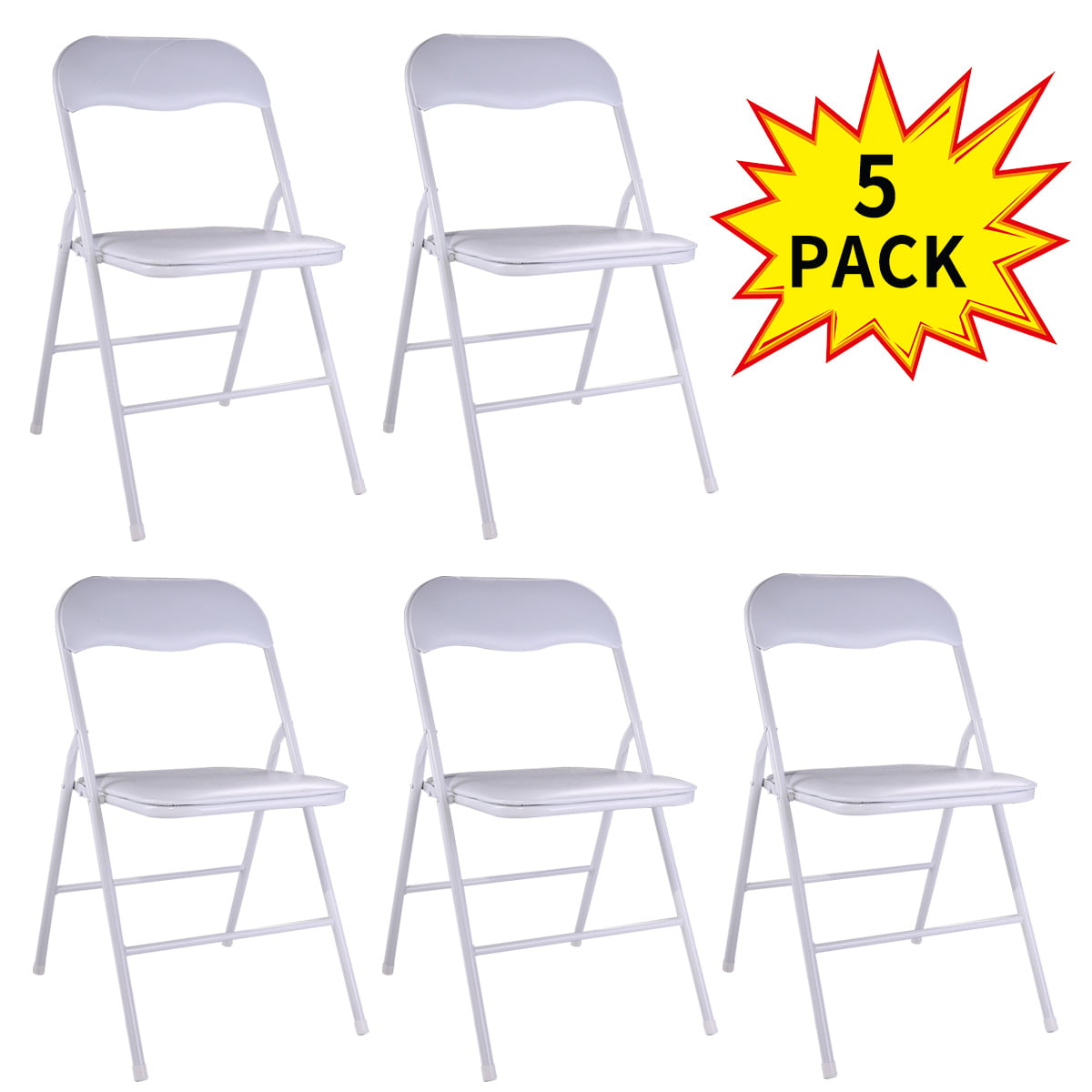 Jaxpety 5 Pack Commercial White Plastic Folding Chairs W/Soft Cushion Stack-able Wedding Party Event Chair