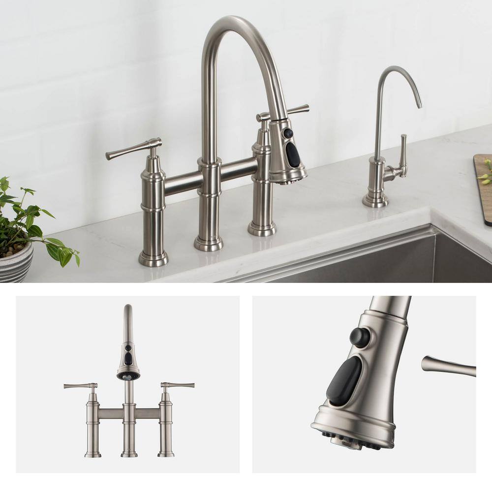 KRAUS Allyn Double Handle Transitional Bridge Kitchen Faucet with Pull-Down Sprayhead in Spot Free Stainless Steel KPF-3121SFS