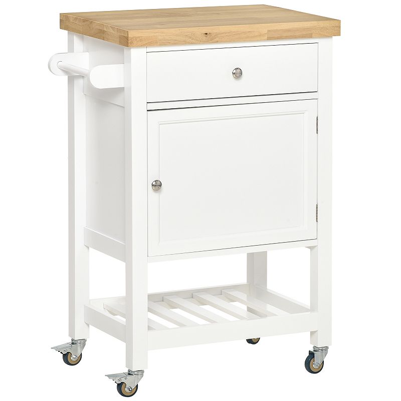 HOMCOM Utility Kitchen Cart Rolling Kitchen Island with Smooth Rubberwood Top Narrow Butcher Block Surface on Wheels with Storage Drawer and Cabinet White