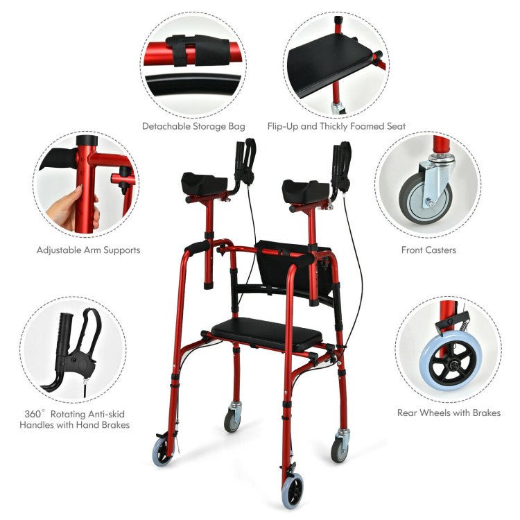 Premium 2-In-1 Folding Auxiliary Walker Rollator With Brakes And Seat