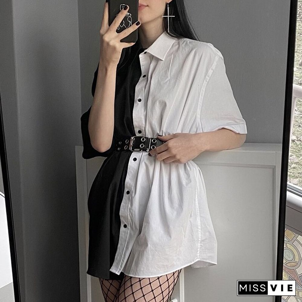 Patchwork Black White Punk Dress Women Casual Loose Short Dresses Ladies Harajuku Summer Korean Vestidos Mujer Streetwear