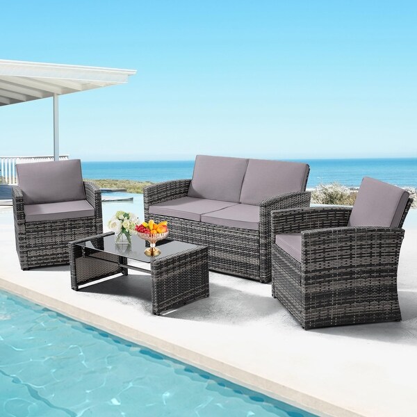 4 Pieces Patio Conversation Set，Outside Rattan Sectional Sofa，Cushioned Furniture Set，Wicker Sofa for Garden Rattan and Cushion