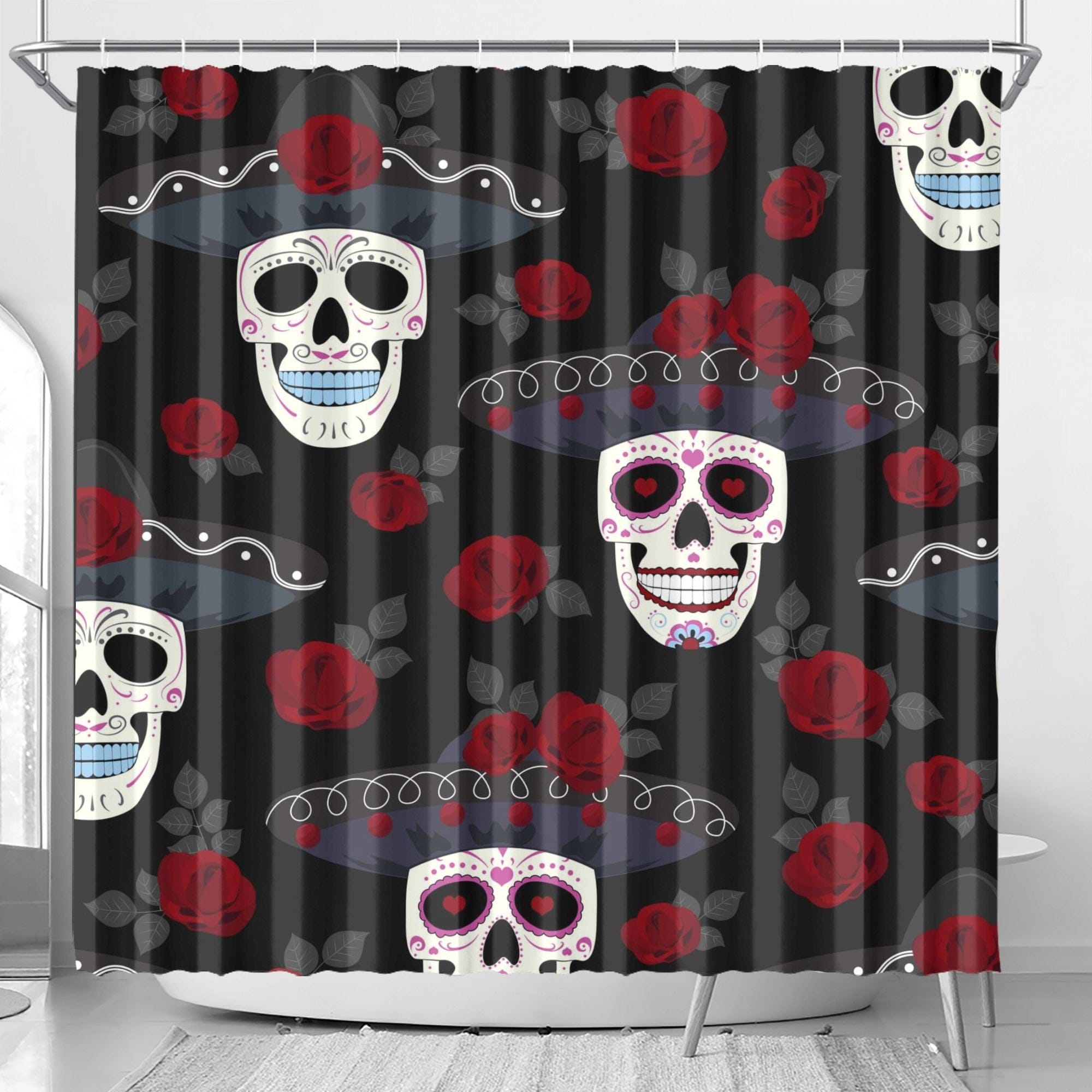 Skulls With Mexican Hats & Red Roses Shower Curtain