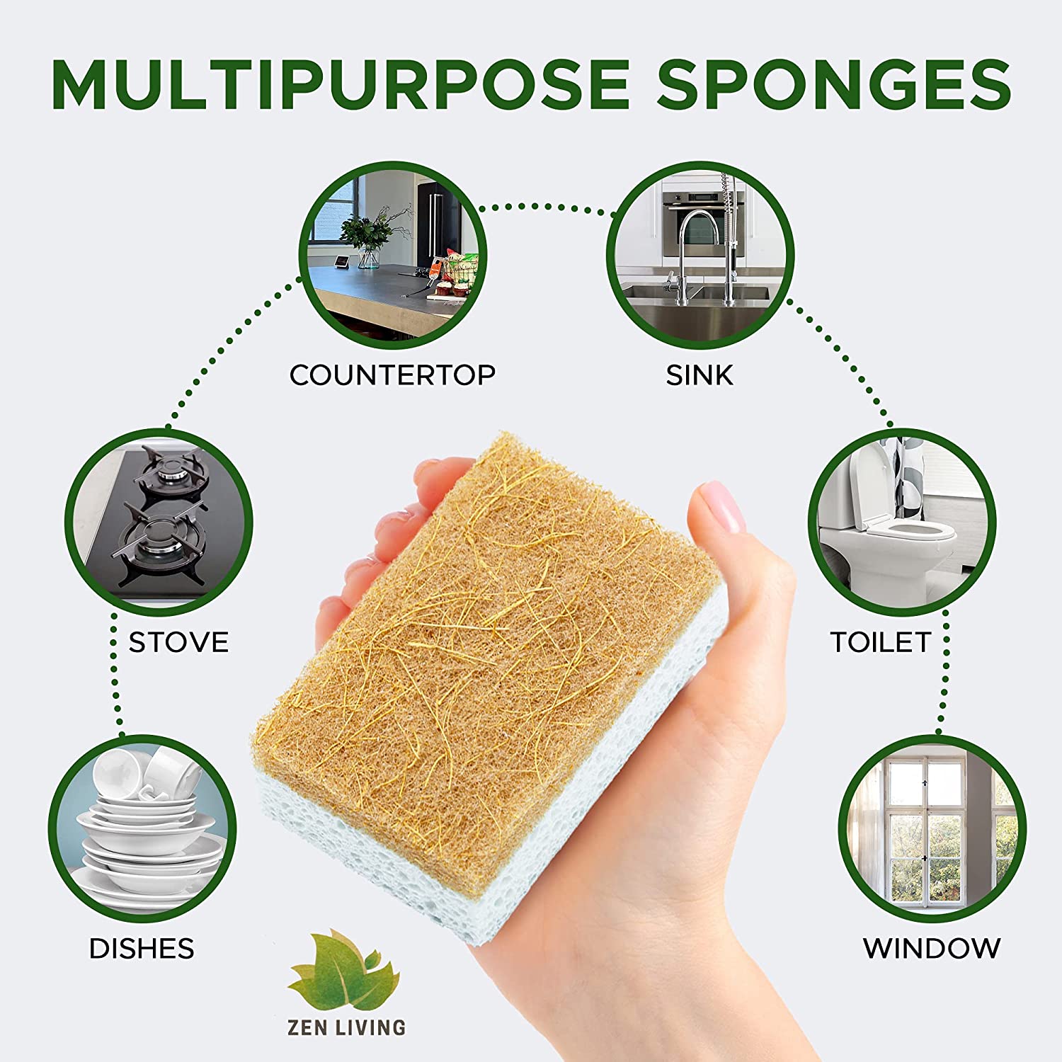 Natural Sponge - 12 Pack - Eco Friendly Scrub Sponges for Kitchen