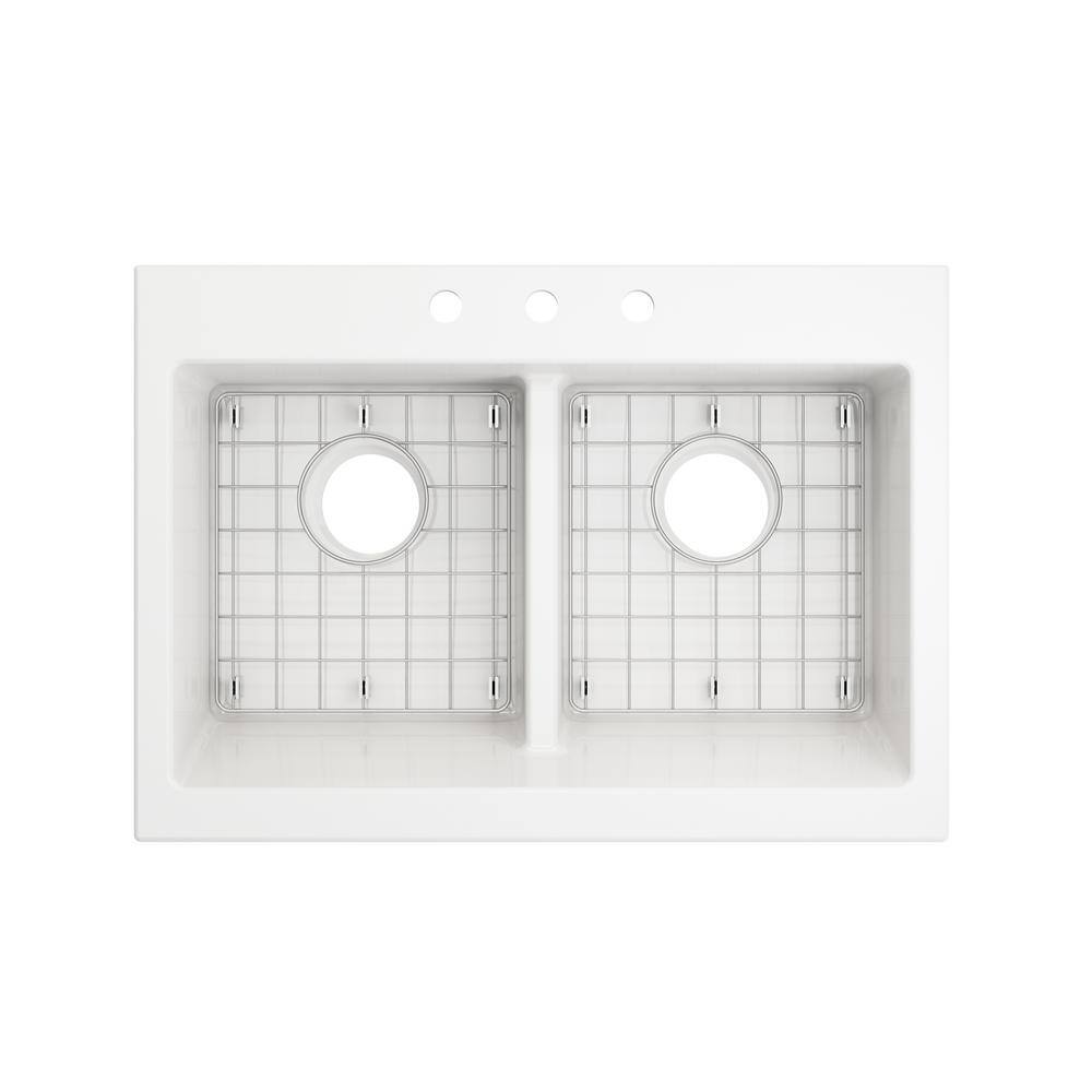 Glacier Bay Farmhouse Apron-Front Fireclay 34 in. 3-Hole Double Bowl Kitchen Sink in White with Bottom Grid 3ABRB-01-001