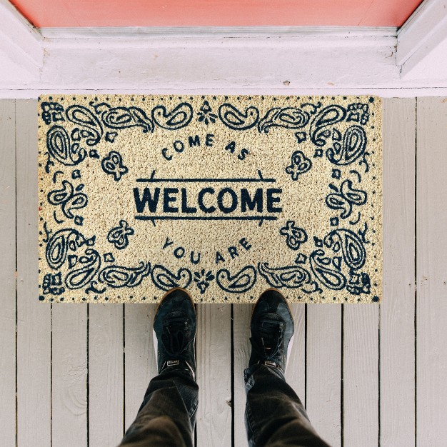 Welcome Come As You Are Rectangle Indoor And Outdoor Coir Door Welcome Mat Blue On Beige Background