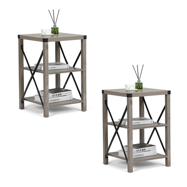 2pcs Farmhouse Side Table with 3-Tier Shelf and X-Shaped Metal Support