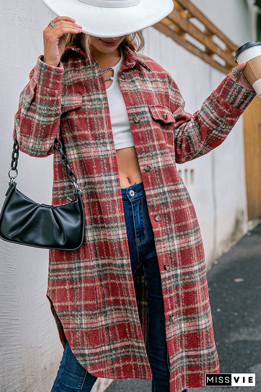 Plaid Long Length Open Button Jacket Coats