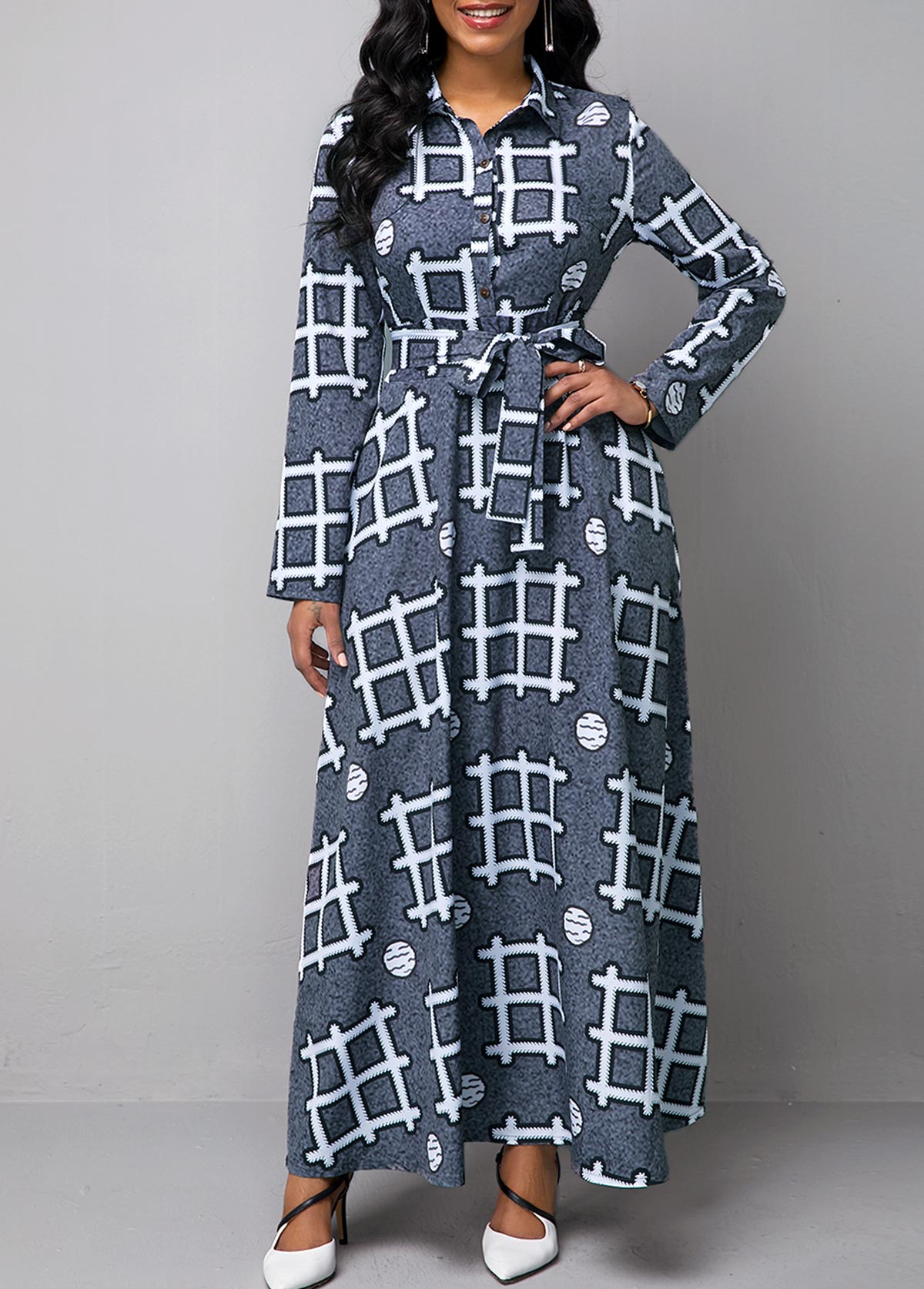 Turndown Collar Geometric Print Long Sleeve Dress