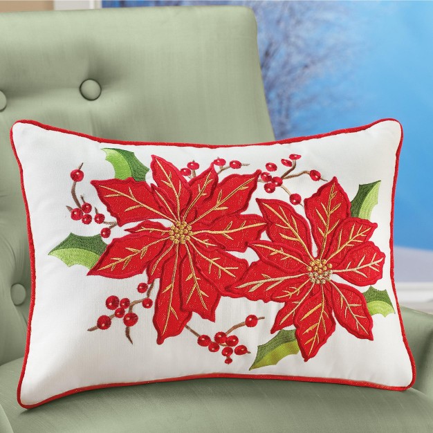 Collections Etc Beautiful Poinsettias amp Holly Berries Accent Pillow 19 X 12 X 1