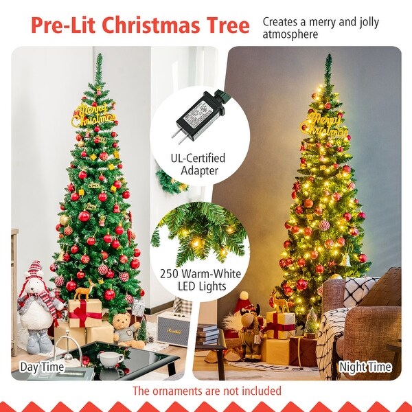 Gymax 4.5ft/6.5ft/7.5ft PreLit Pencil Christmas Tree Traditional