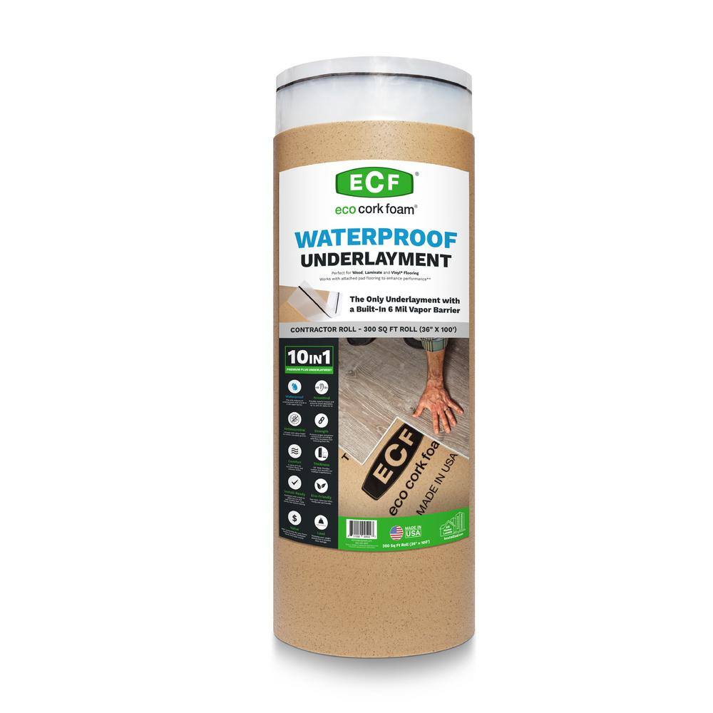 Eco Cork Foam 300 sq. ft. 3 ft. x 100 ft. x3.2mm Waterproof Premium Plus 10-in-1 Underlayment-Vinyl Plank Laminate Engineered Wood 2200000227