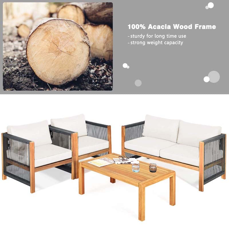 4 Pcs Acacia Wood Outdoor Loveseat Sofa Set with 2 Single Chairs & Coffee Table, Cushions