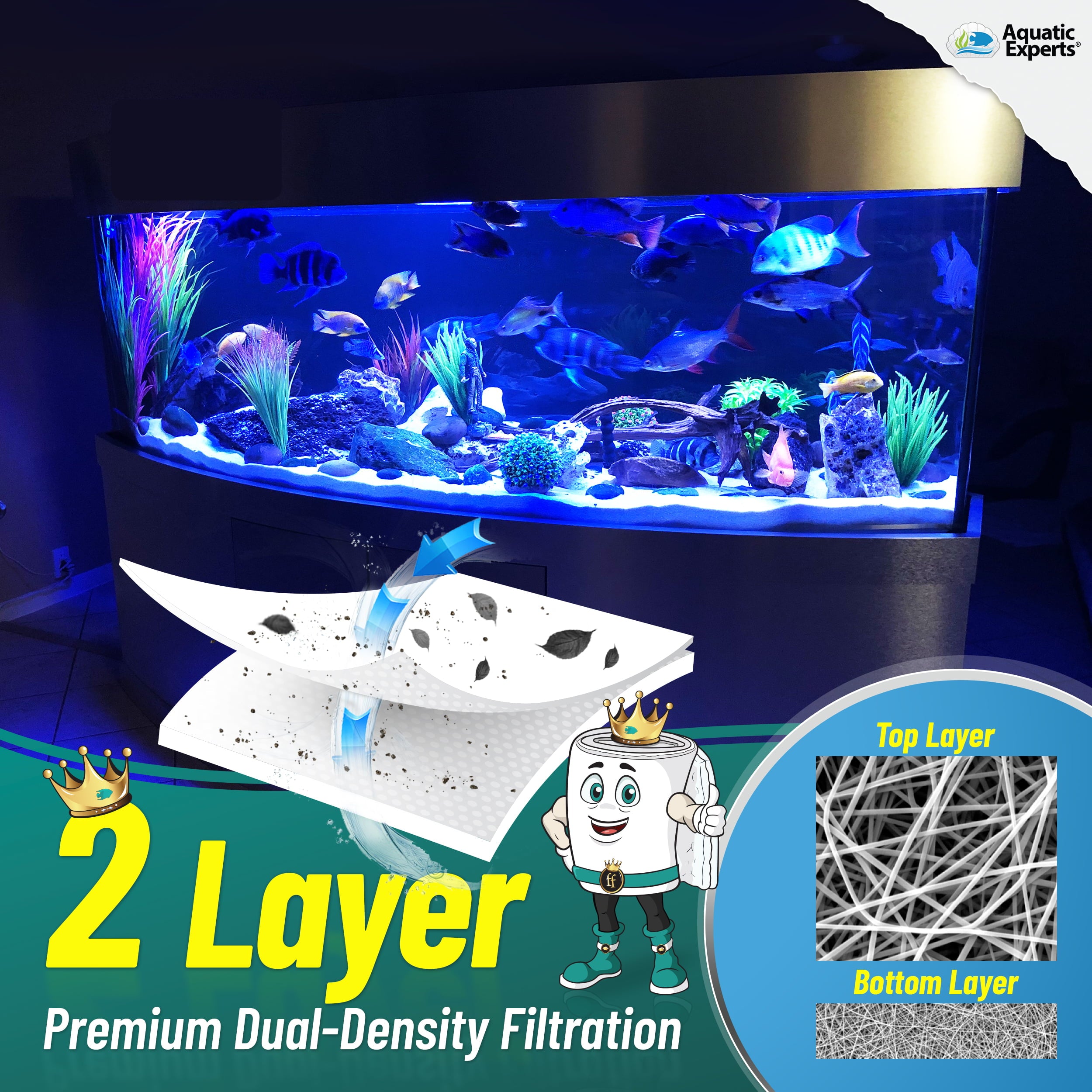 Aquatic Experts - FilterFirst Aquarium Filter Pad， Premium True Dual Density Filter Media Roll， 12'' by 72'' x .75''