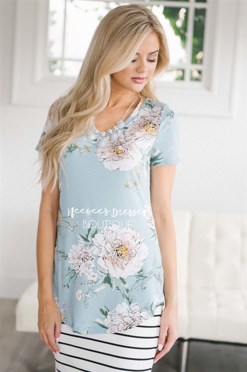 Short Sleeve Soft Dusty Aqua Floral Top