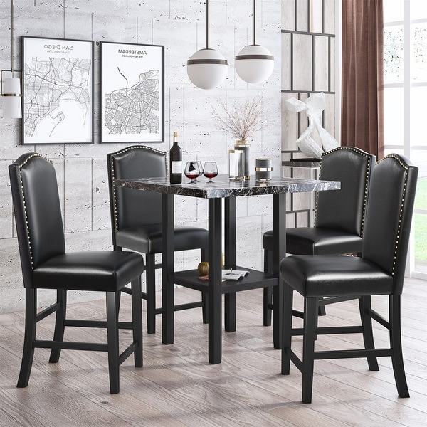 5 piece kitchen table， faux marble countertop， bottom shelf and 4 black leather upholstered chairs