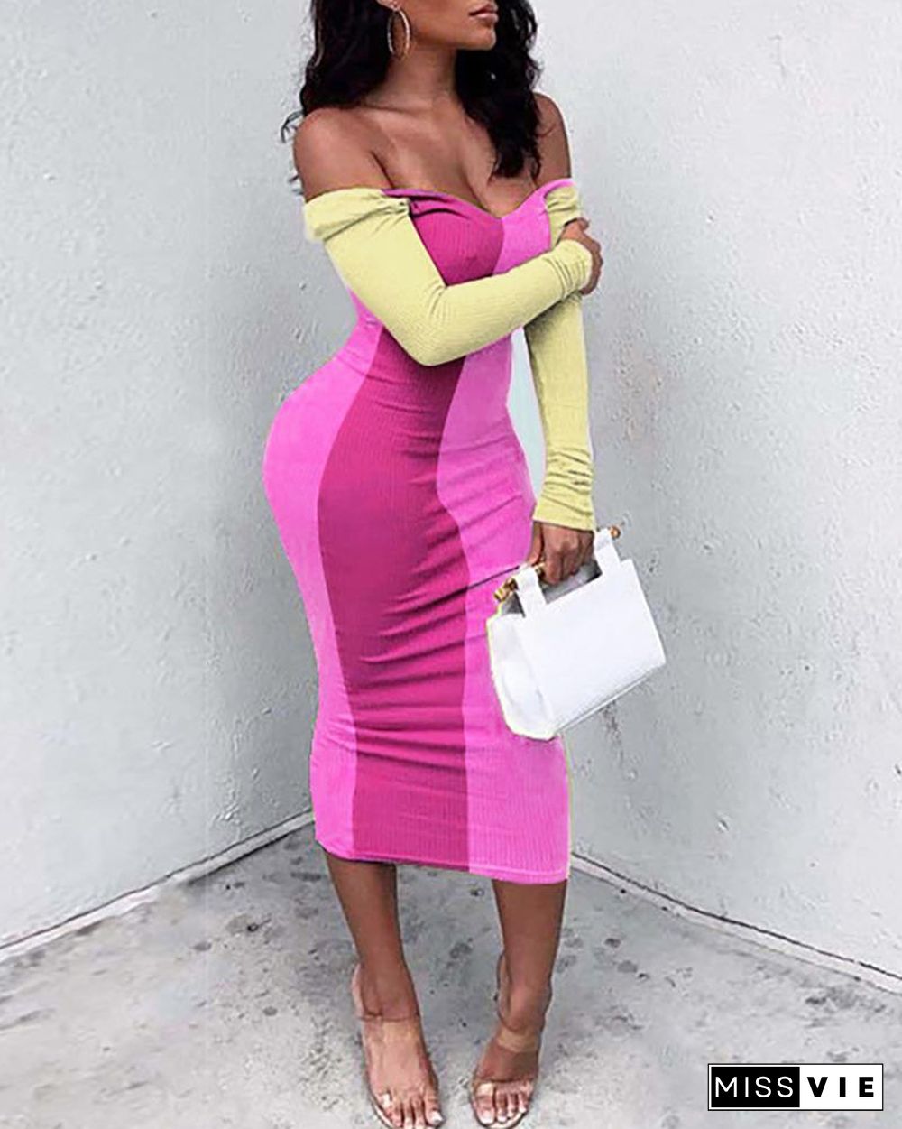 Colorblock Ribbed Off Shoulder Maxi Dress P10976