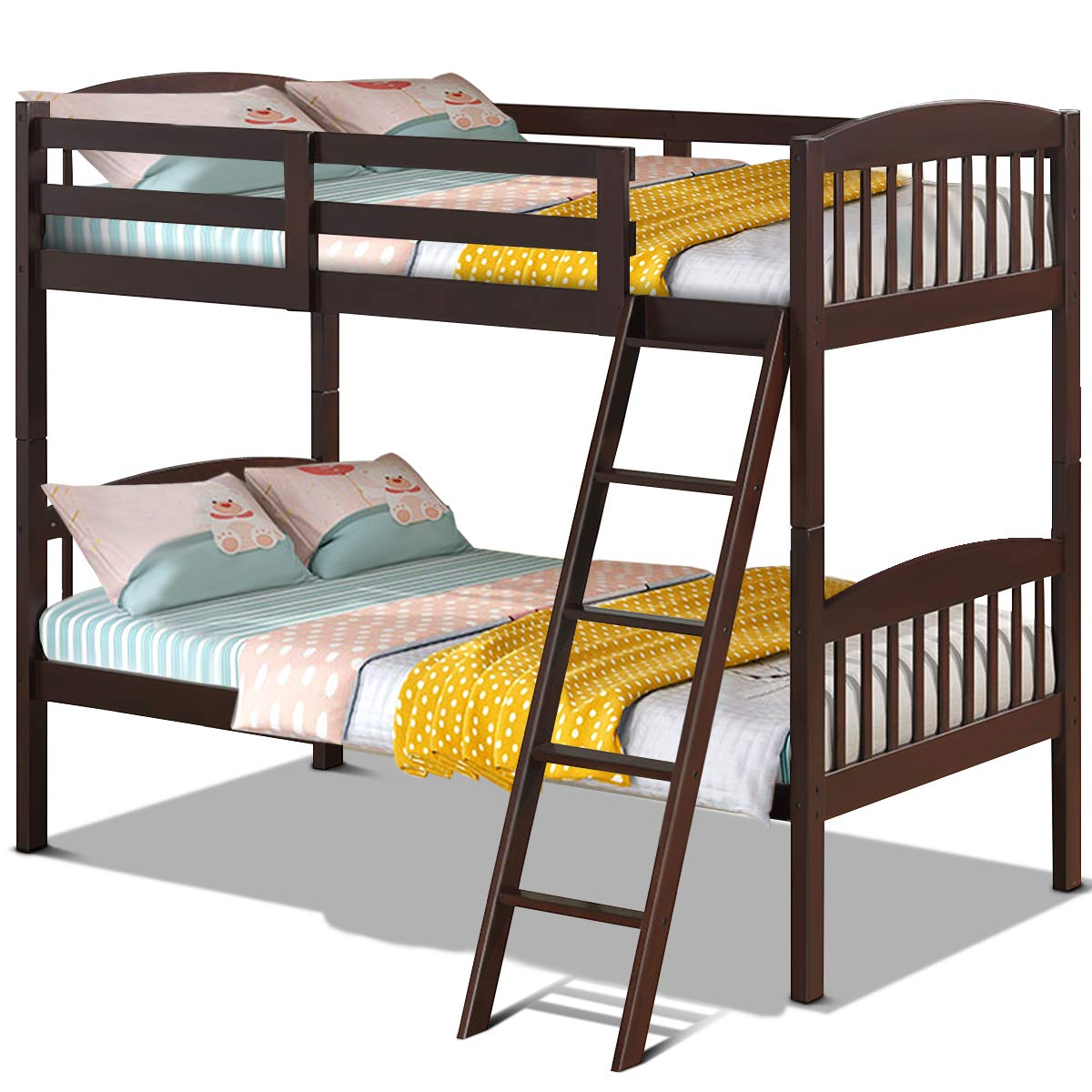 Costzon Twin Over Twin Bunk Beds, Convertible Into Two Individual Solid Rubberwood Beds (Espresso)