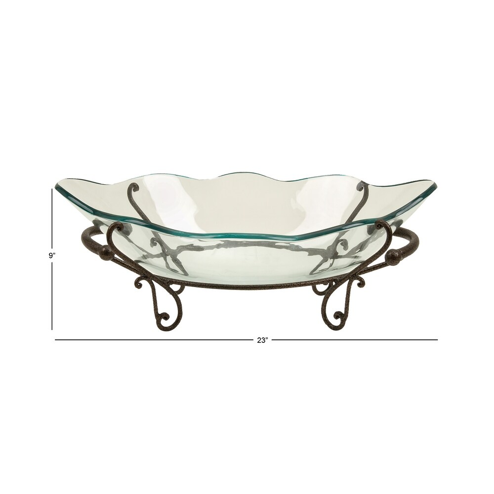 Clear Tempered Glass Kitchen Serving Bowl with Brown Metal Scroll Base