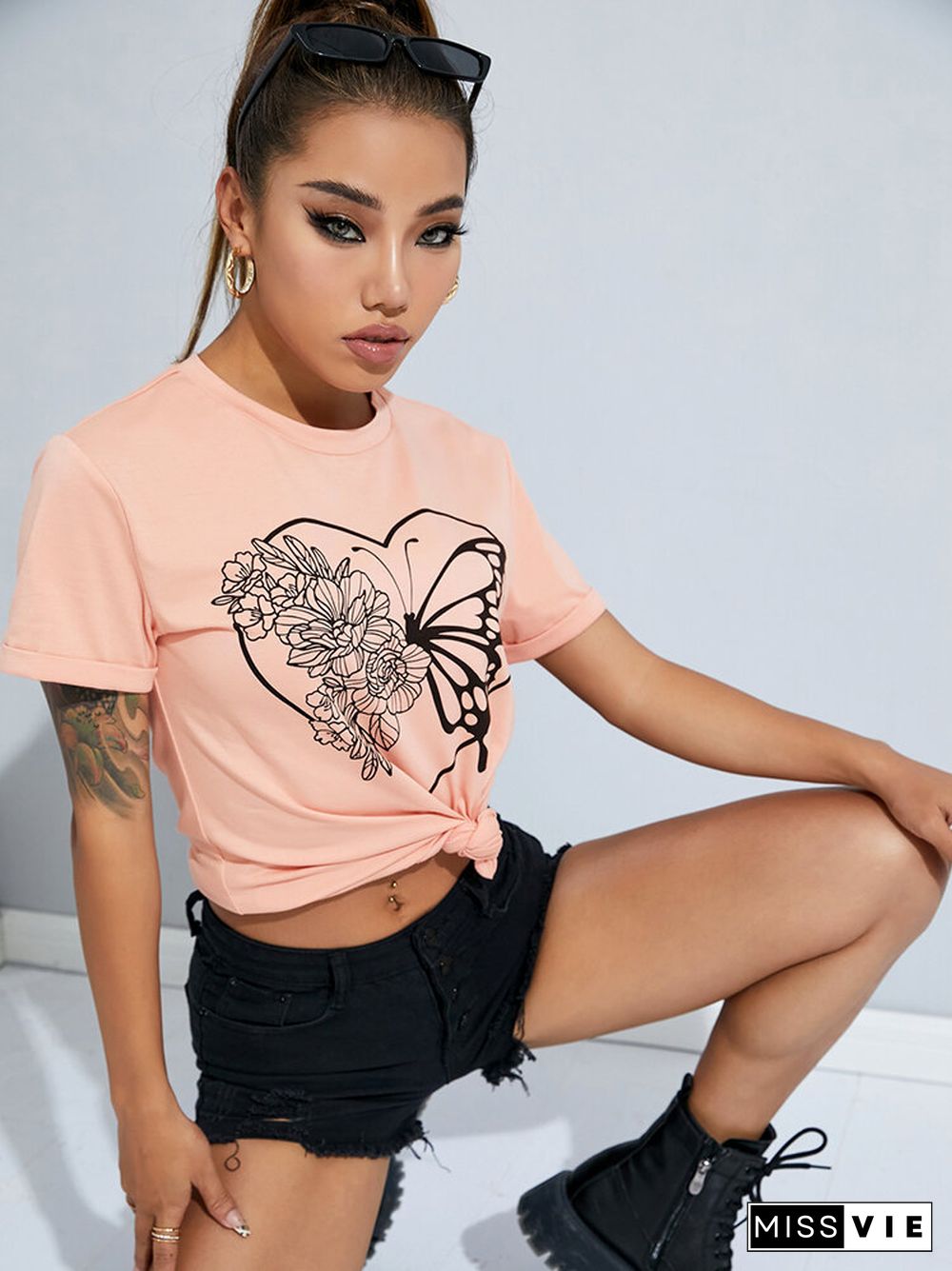 Butterfly Flower Print Crew Neck Short Sleeve T-shirt