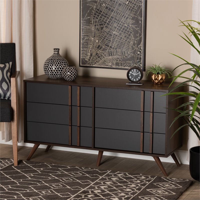 Bowery Hill Gray and Walnut Finished Wood 6-Drawer Bedroom Dresser