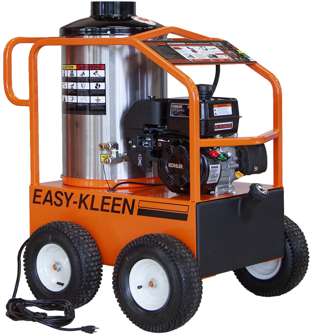 COMMERCIAL HOT WATER GAS PRESSURE WASHER, 6.5 HP RECOIL START KOHLER, 3 GPM @ 2700 PSI, 120 VOLT OIL FIRED BURNER, 300000 BTU