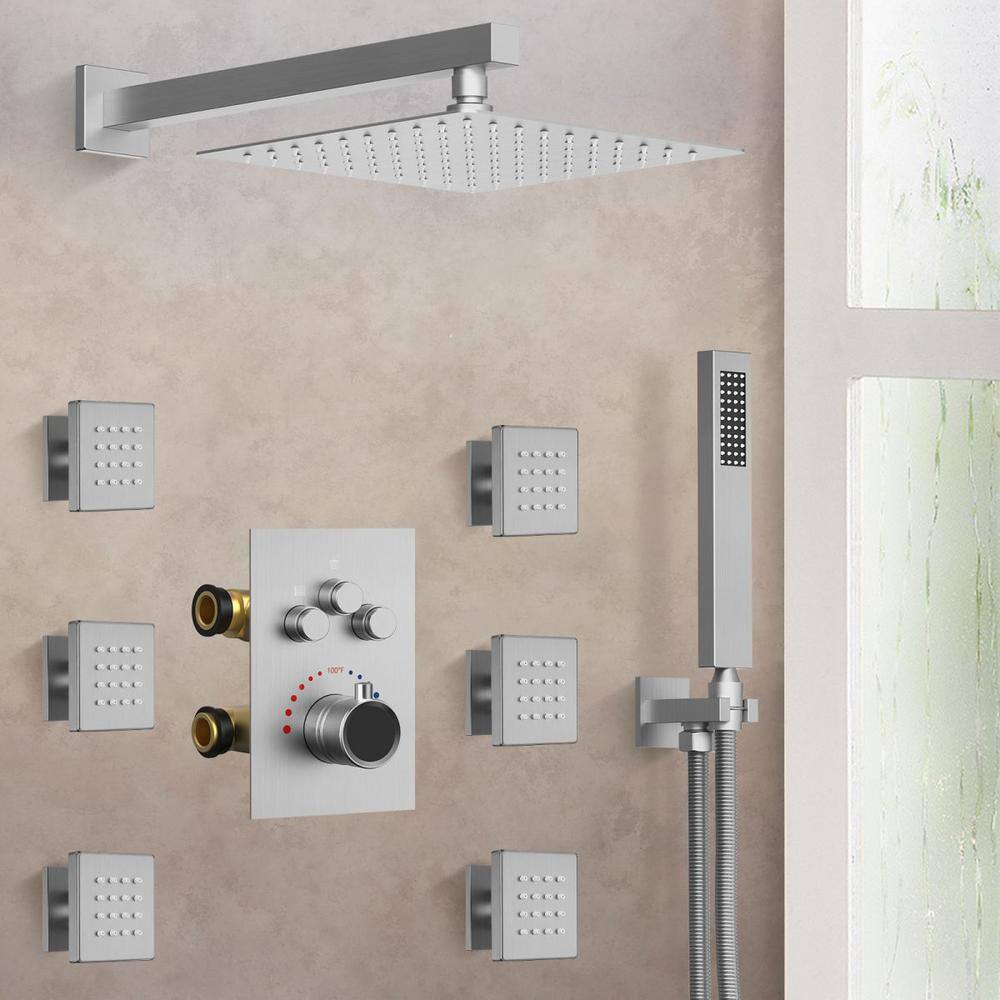 GRANDJOY Multiple Press 7-Spray Wall Mount 12 in. Fixed and Handheld Shower Head 2.5 GPM in Brushed Nickel GJSFS1003-NK12