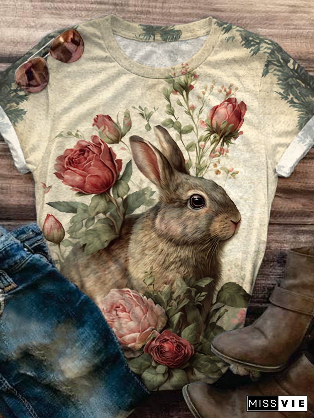 Vintage Floral Rabbit Print Crew Neck T-shirt