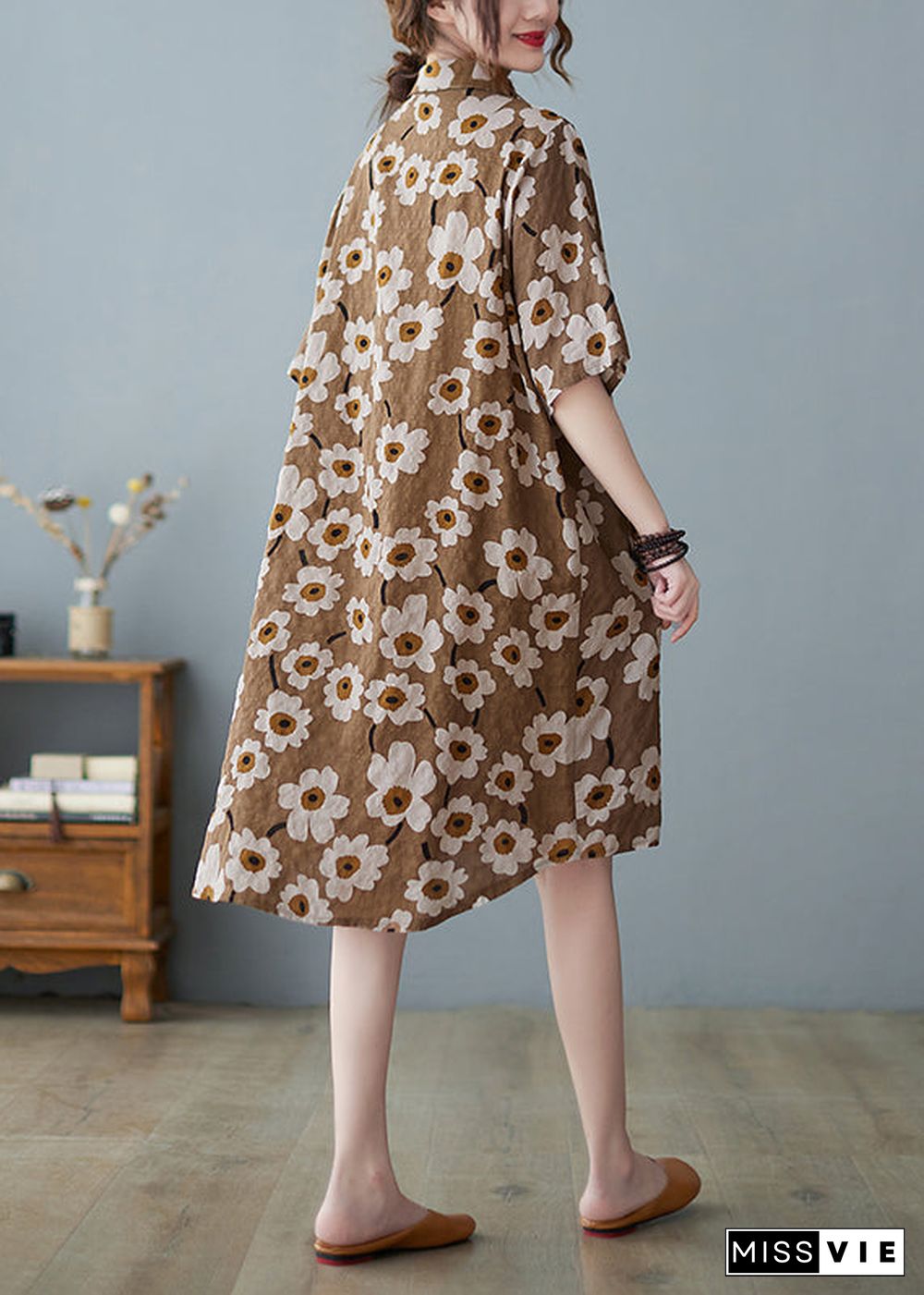 Modern Yellow Button Stand Collar Floral Print Party Dress Half Sleeve