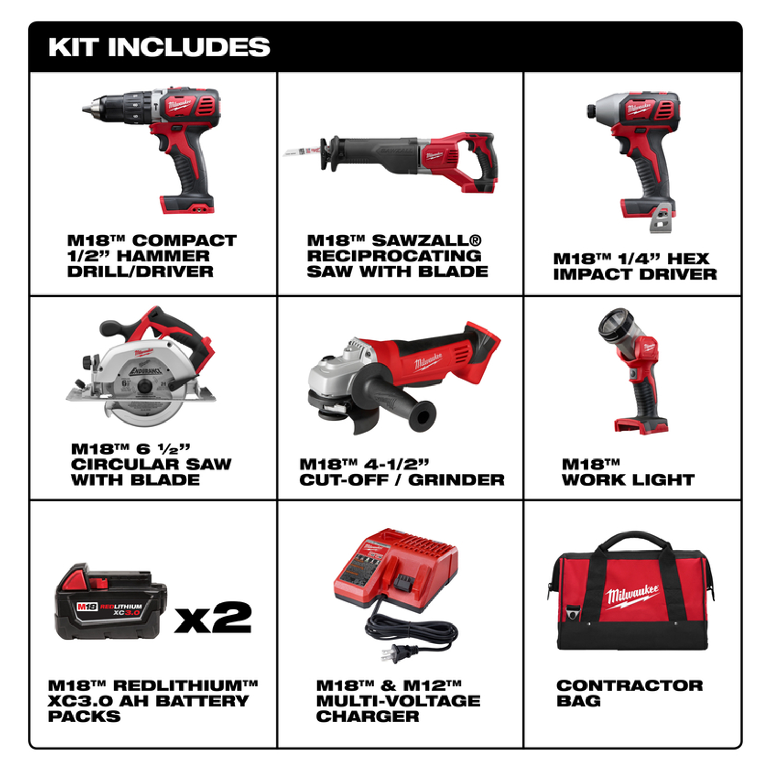 MW M18 18 V Cordless Brushed 6 Tool Combo Kit