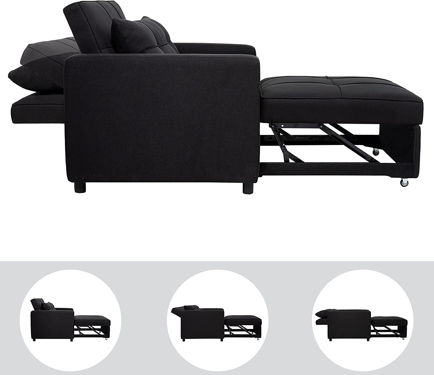 Naomi Home Anna Sleeper 3 in 1 Convertible Chair Bed, Pull Out Folding Lounger Sleeper Chair Bed, Linen Sofa Bed Sleeper Armchair with Pillow Adjustable Futon Sleeper Couch Bed for Living Room - Black