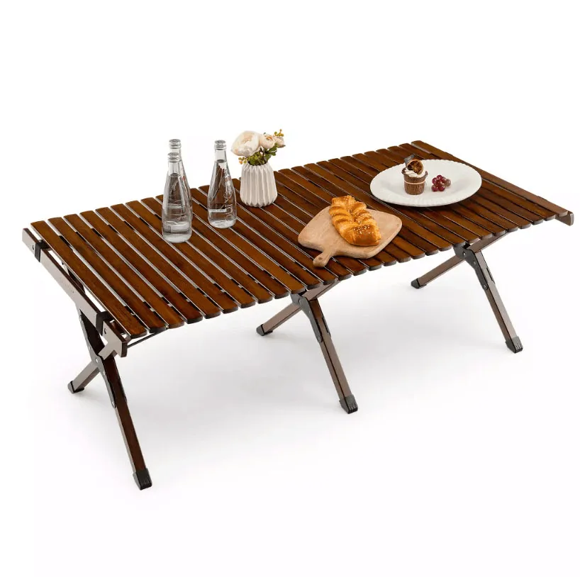 HOTO Outdoor High Quality Solid Wood Egg Roll Table Camp  Picnic Beach Wood Table Portable Camping Folding Table