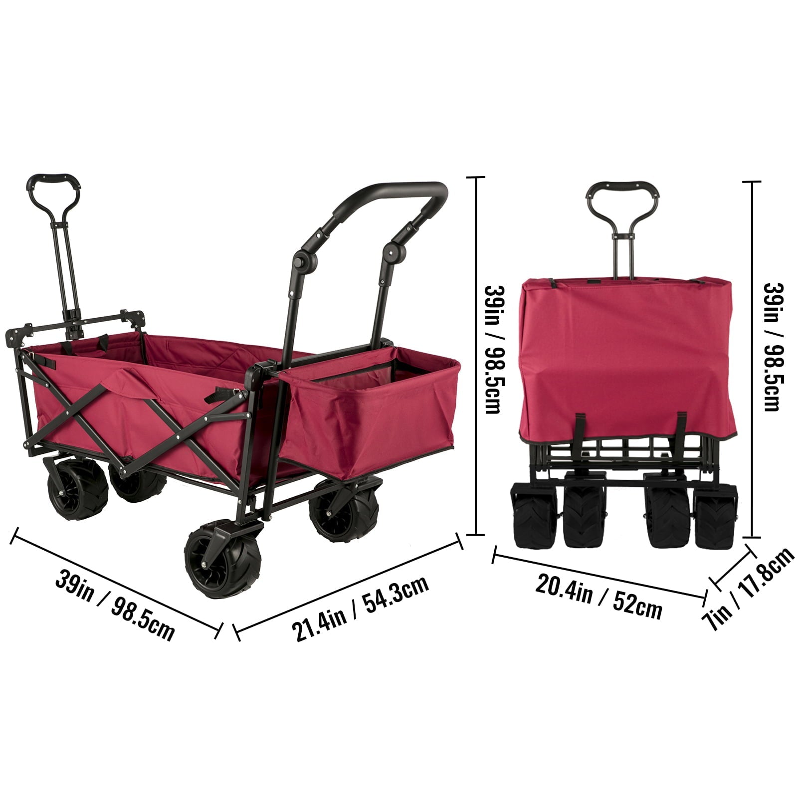 VEVORbrand Collapsible Wagon Cart Red, Foldable Wagon Cart Removable Canopy 601D Oxford Cloth, Collapsible Wagon Oversized Wheels, Portable Folding Wagon Adjustable Handles, Beach, Garden, Sports