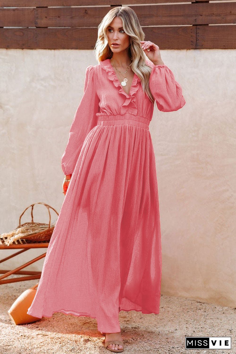 Ruffled V Neck Empire Waist Maxi Dress