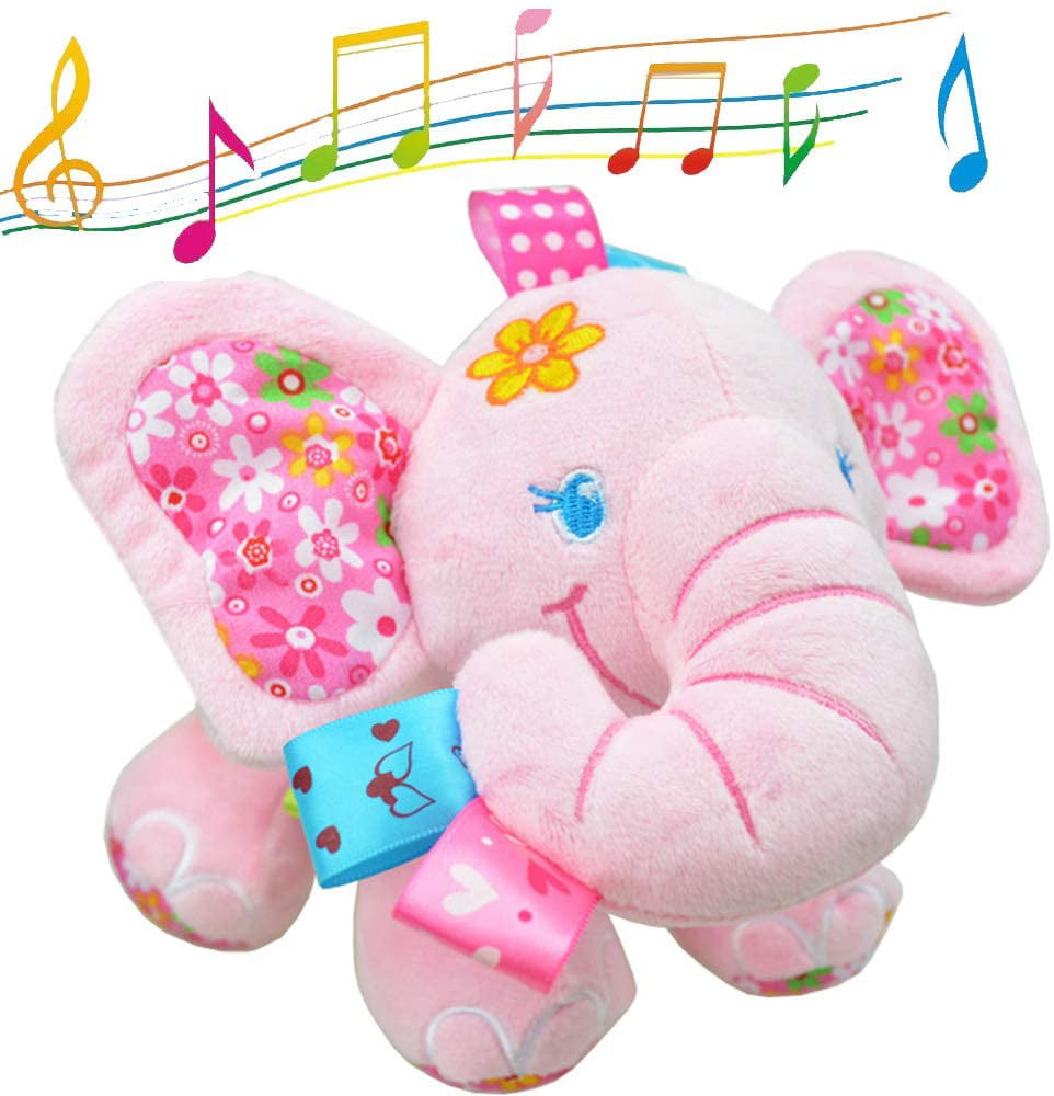 Music Bed Time Elephant Stuffed Animal Toys Kids Toddler Plush Baby Infant Strollers Crib Bedding Toys (Pink)