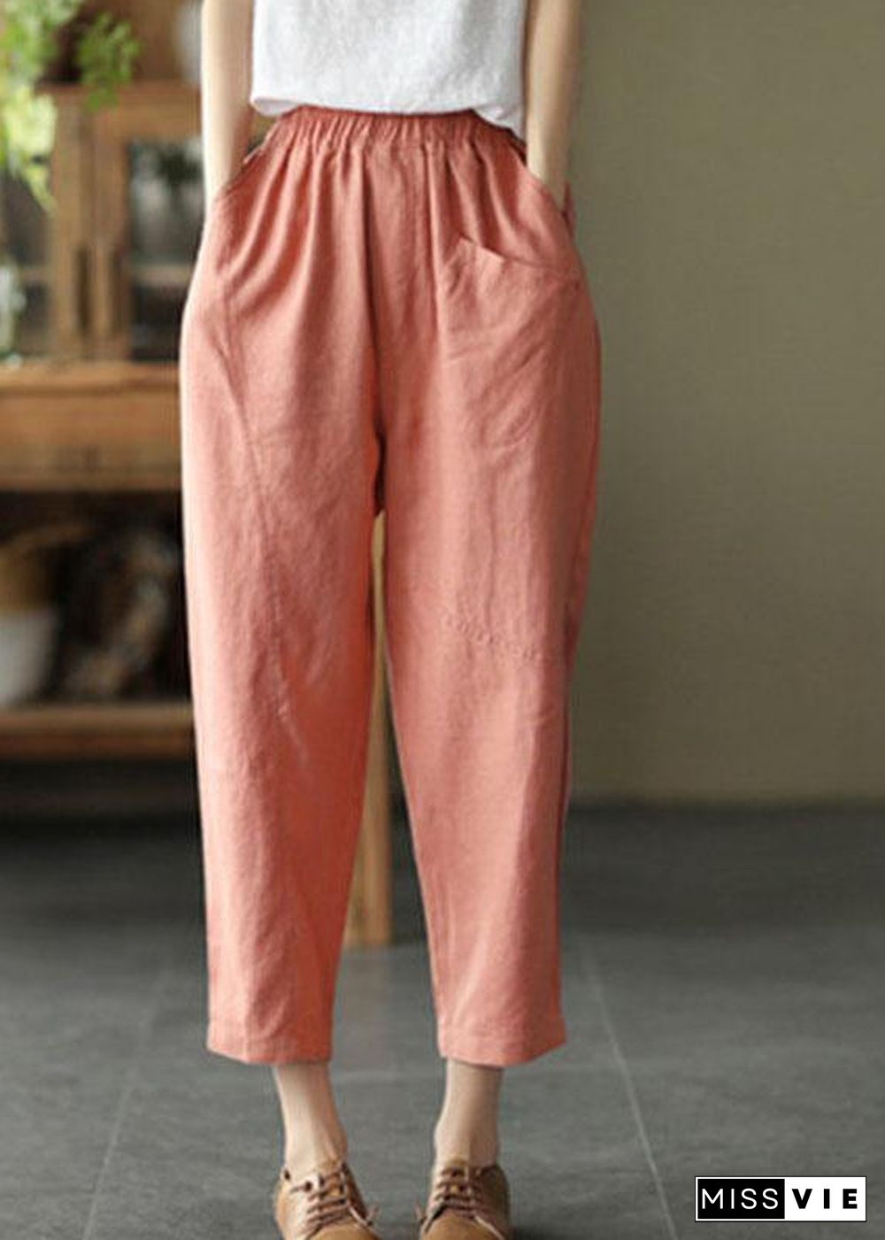 French Pink Casual Loose Patchwork Summer Linen Pants