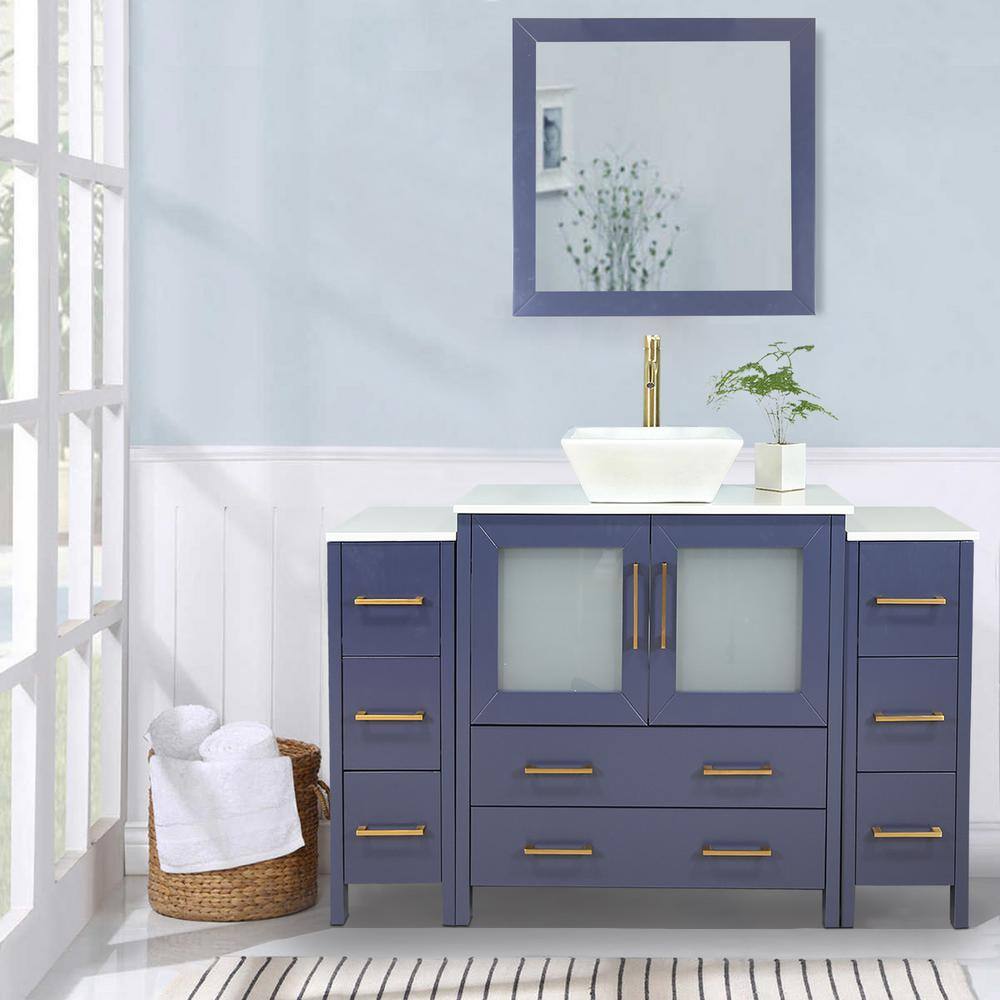 Vanity Art Ravenna 60 in. W Single Basin Bathroom Vanity in Blue with White Engineered Marble Top and Mirror VA3136-60B