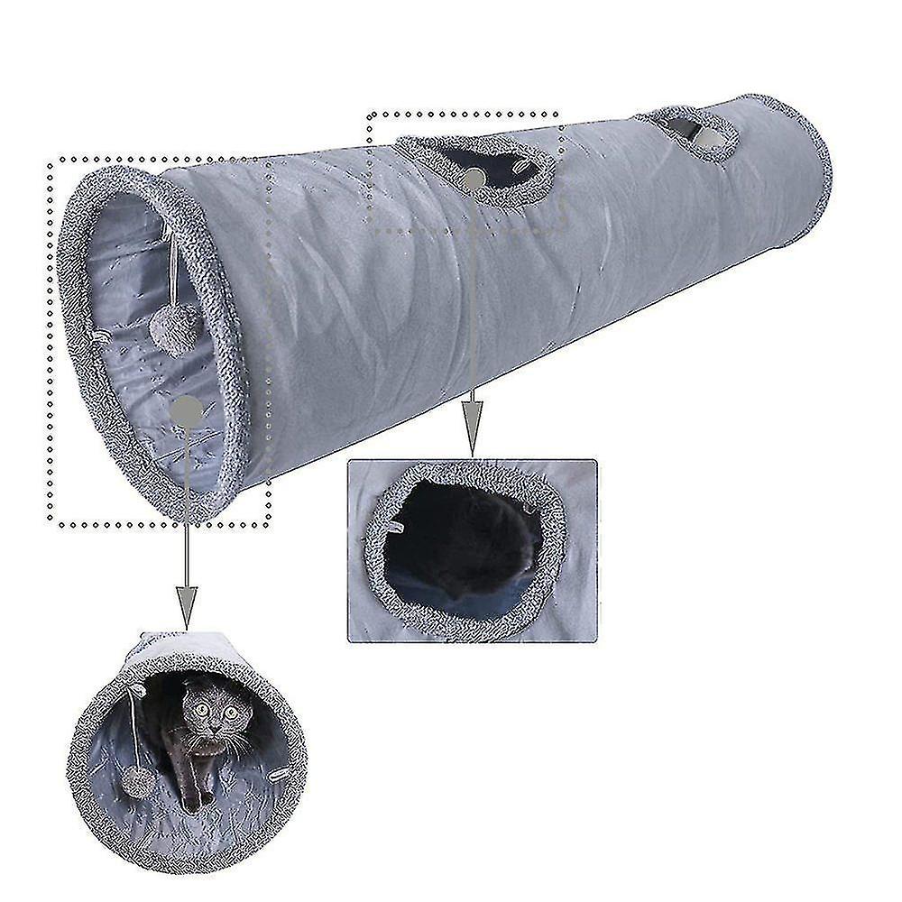 Cat Tunnel Foldable Cat Toy Crinkle Tunnel For All Cats And Small Animals 2 Caves Gray Suede 130 X 3