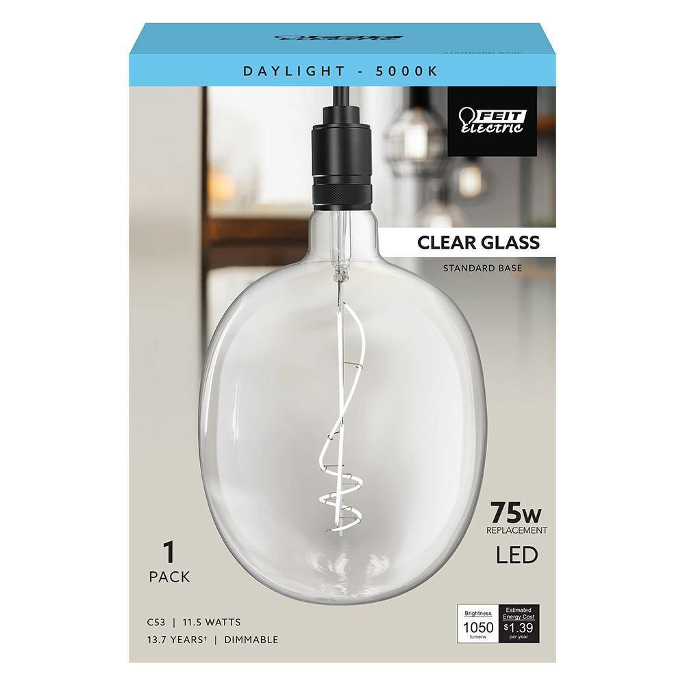 Feit Electric 75-Watt Equivalent C53 Dimmable Curve Filament Oversized Clear Glass E26 Vintage Edison LED Light Bulb Daylight 5000K C537CL950CA