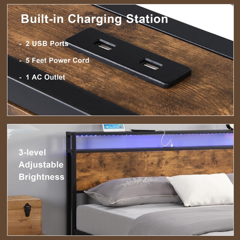 Industrial Queen/ Full Bed Frame with LED Lights and 2 USB Ports Rustic Brown