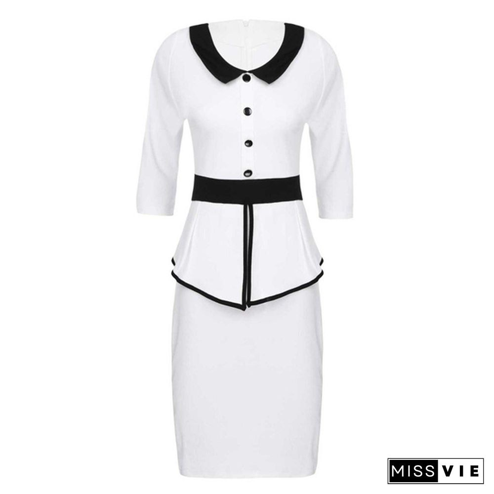 Office Ladies Attire Work Office Dresses One-Piece Round Ruffle Lapel Collar 3/4 Sleeve Slim Bodycon Pencil Outfits