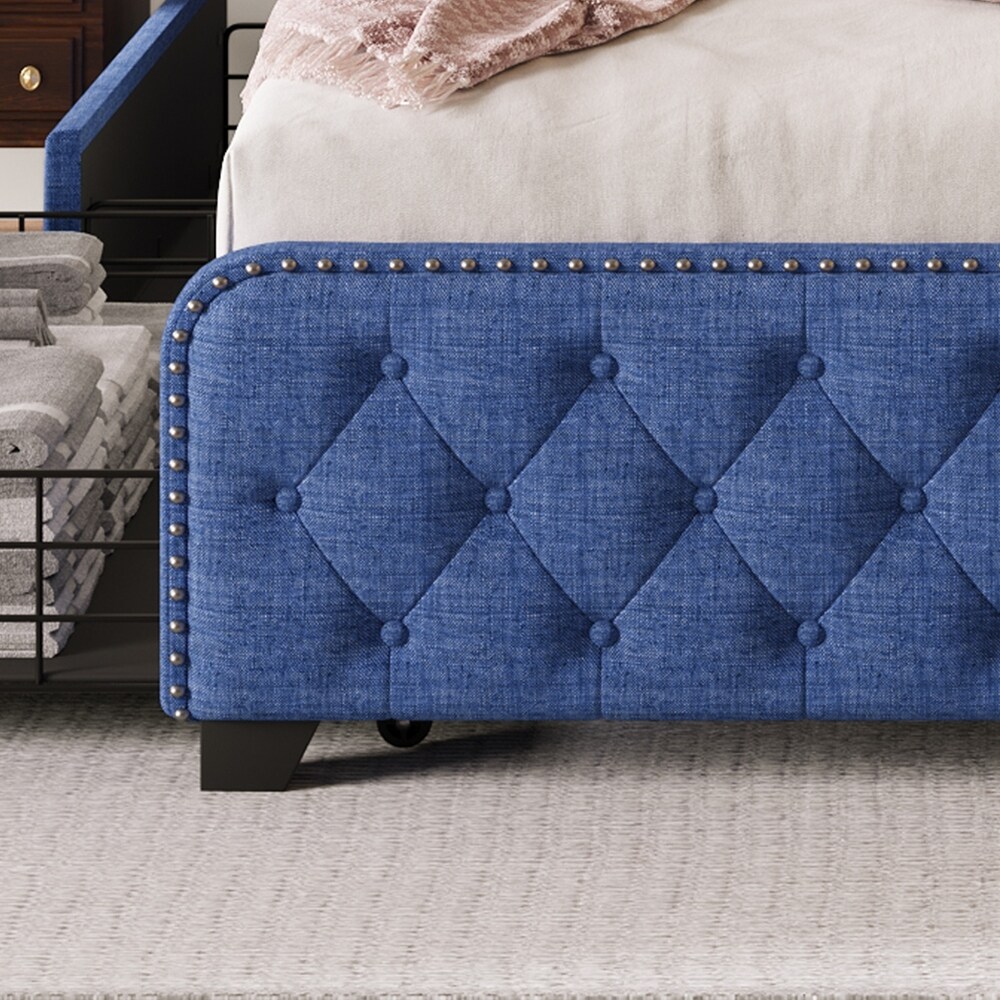 Metal Platform Bed Storage Bed with Button Tufted Headboard Footboard