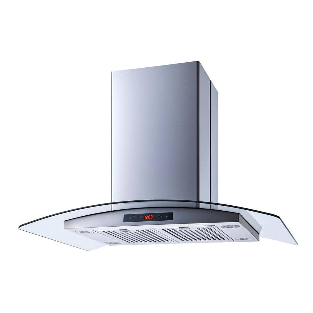 Winflo 36 in Convertible Island Mount Range Hood in Stainless Steel and Glass with Touch Control Baffle and Carbon Filters