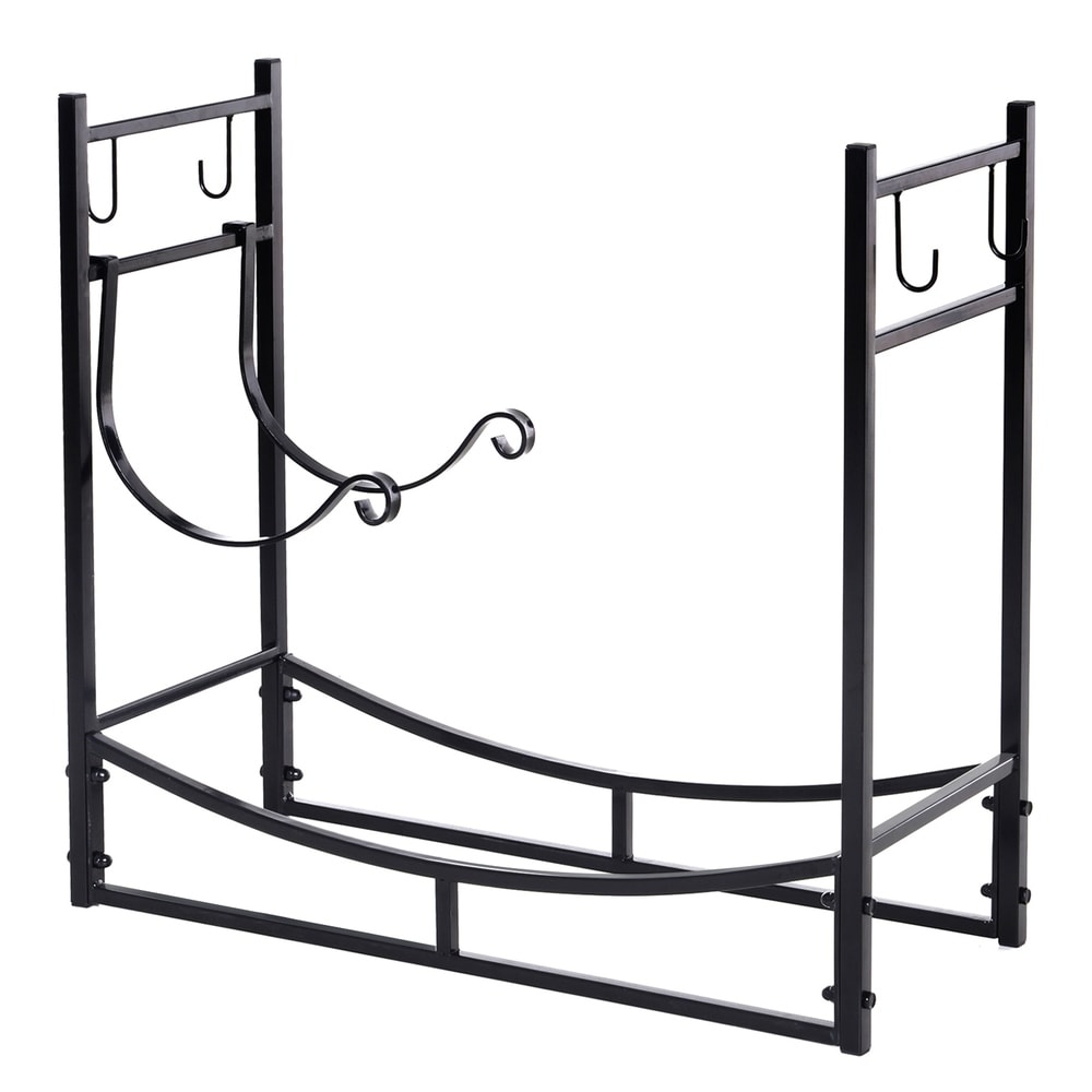 Outsunny Wrought Iron Metal Heavy Duty Firewood Rack Indoor   Outdoor with Fireplace Tool Set