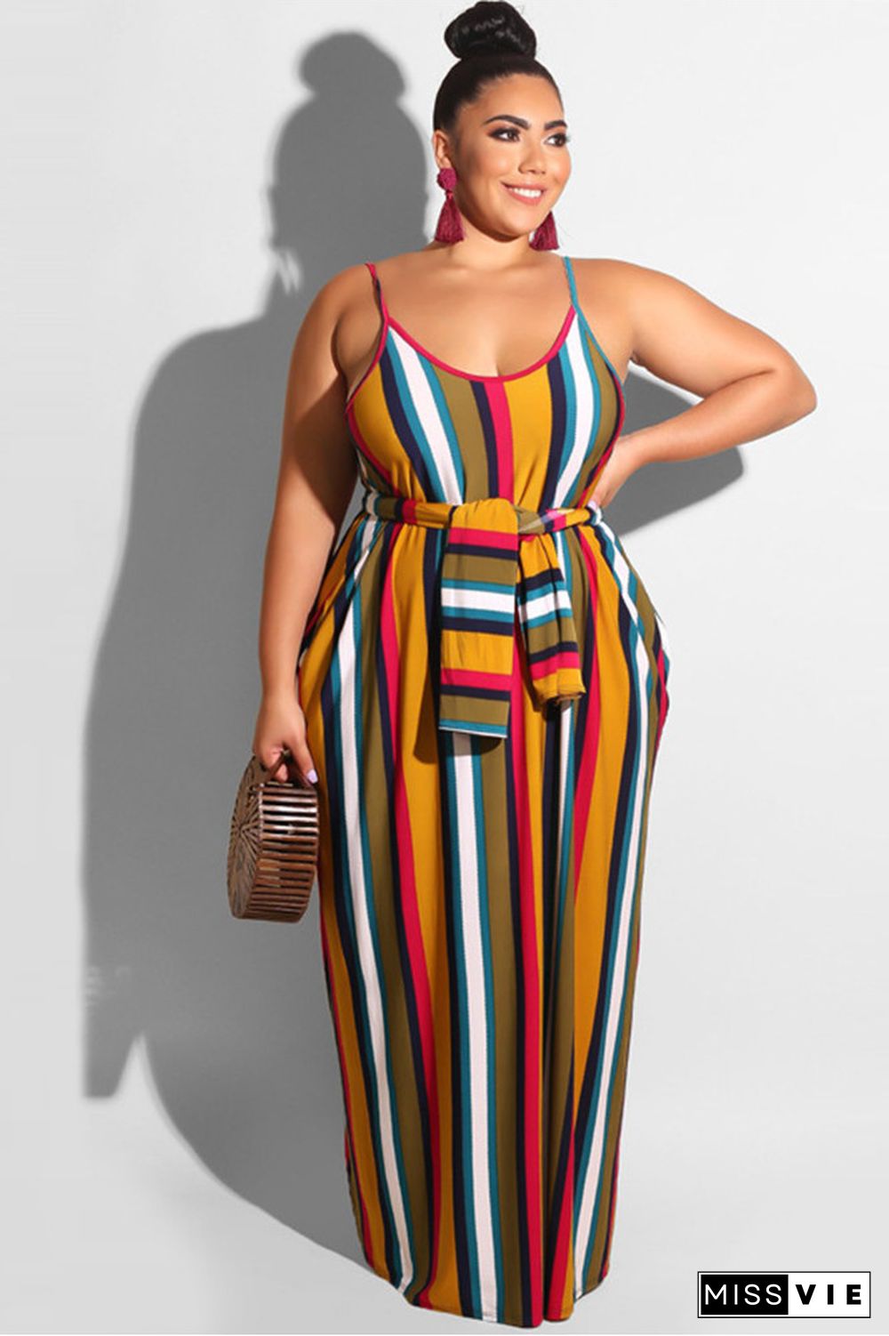 Women Sleeveless Stripe Design Plus Size Dress