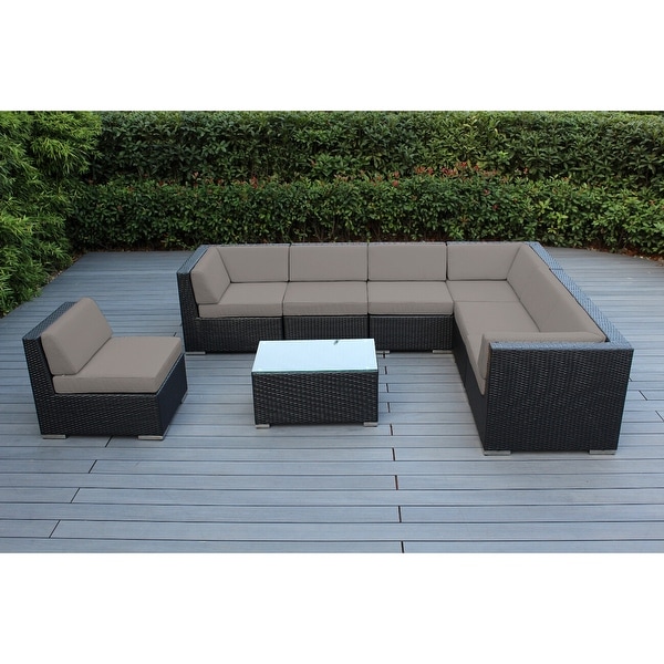 Ohana Outdoor Patio 8 Piece Black Wicker Sectional Set with Cushions