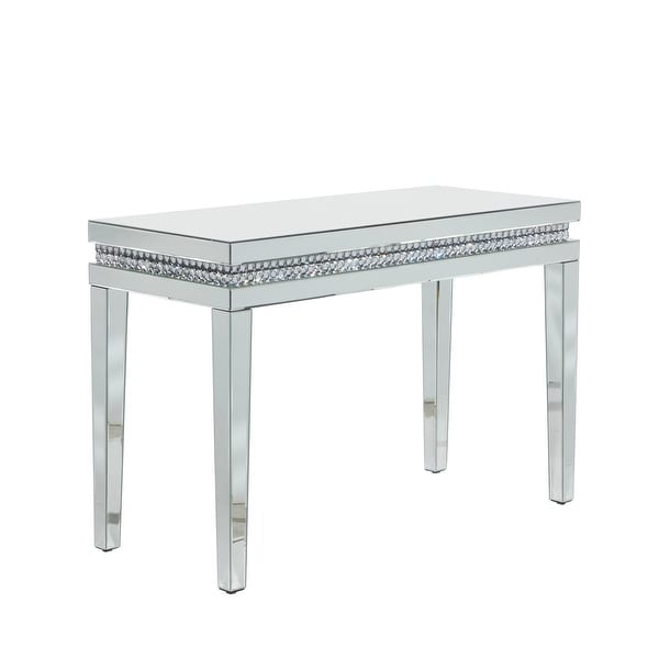 Silver Wood Mirrored Geometric Accent Console Table with Crystal Embellishments