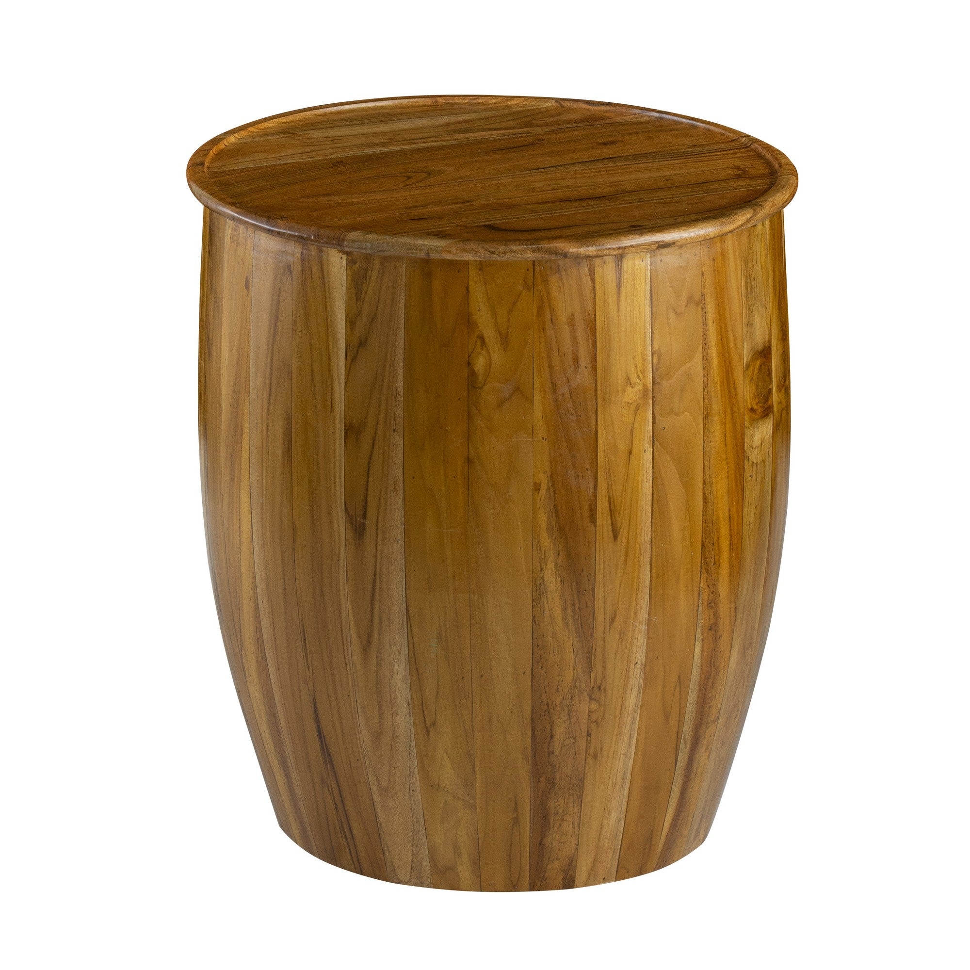 25 Inch Round Accent Side Table， Mango Wood， Barrel Shape， Classic Brown